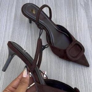 Zara Dark Brown Suede Pointed Slingback Heels